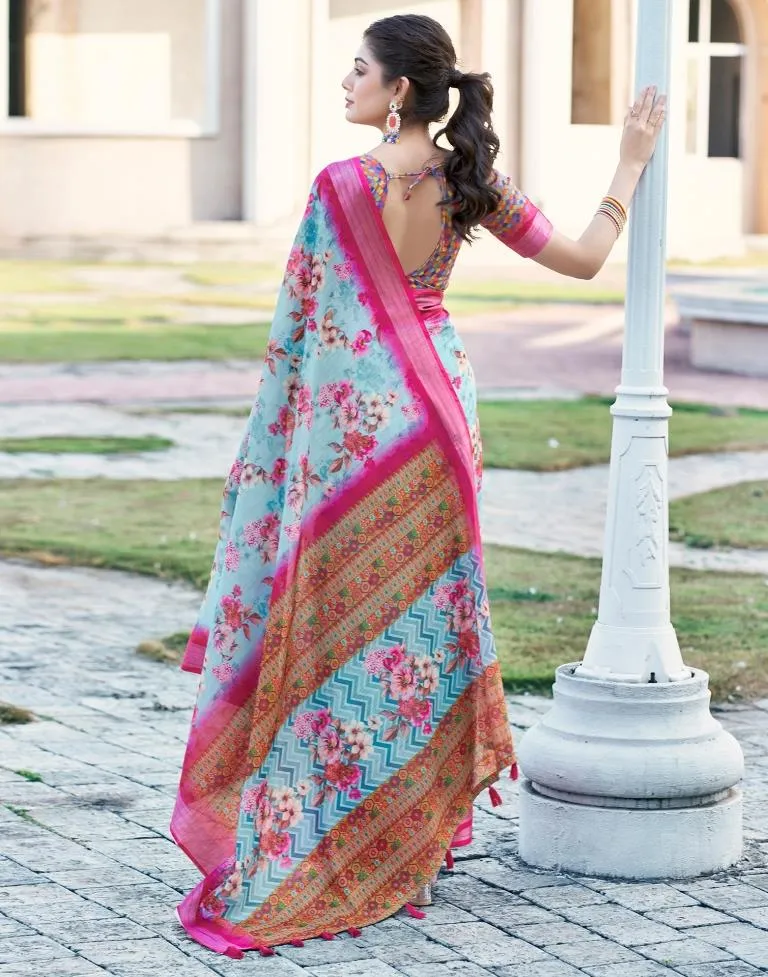 Light Blue Linen Printed Sarees