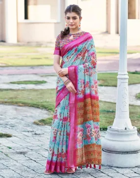 Light Blue Linen Printed Sarees