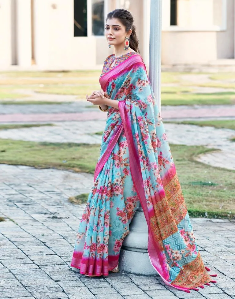 Light Blue Linen Printed Sarees