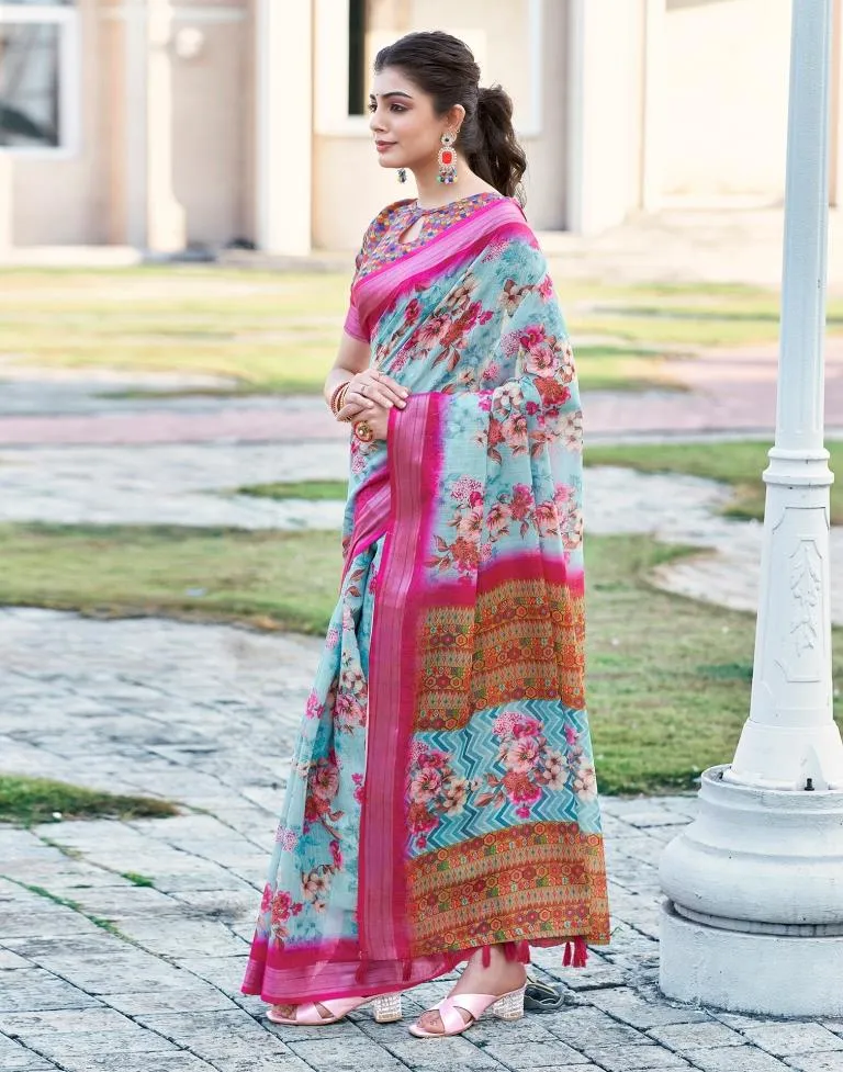 Light Blue Linen Printed Sarees