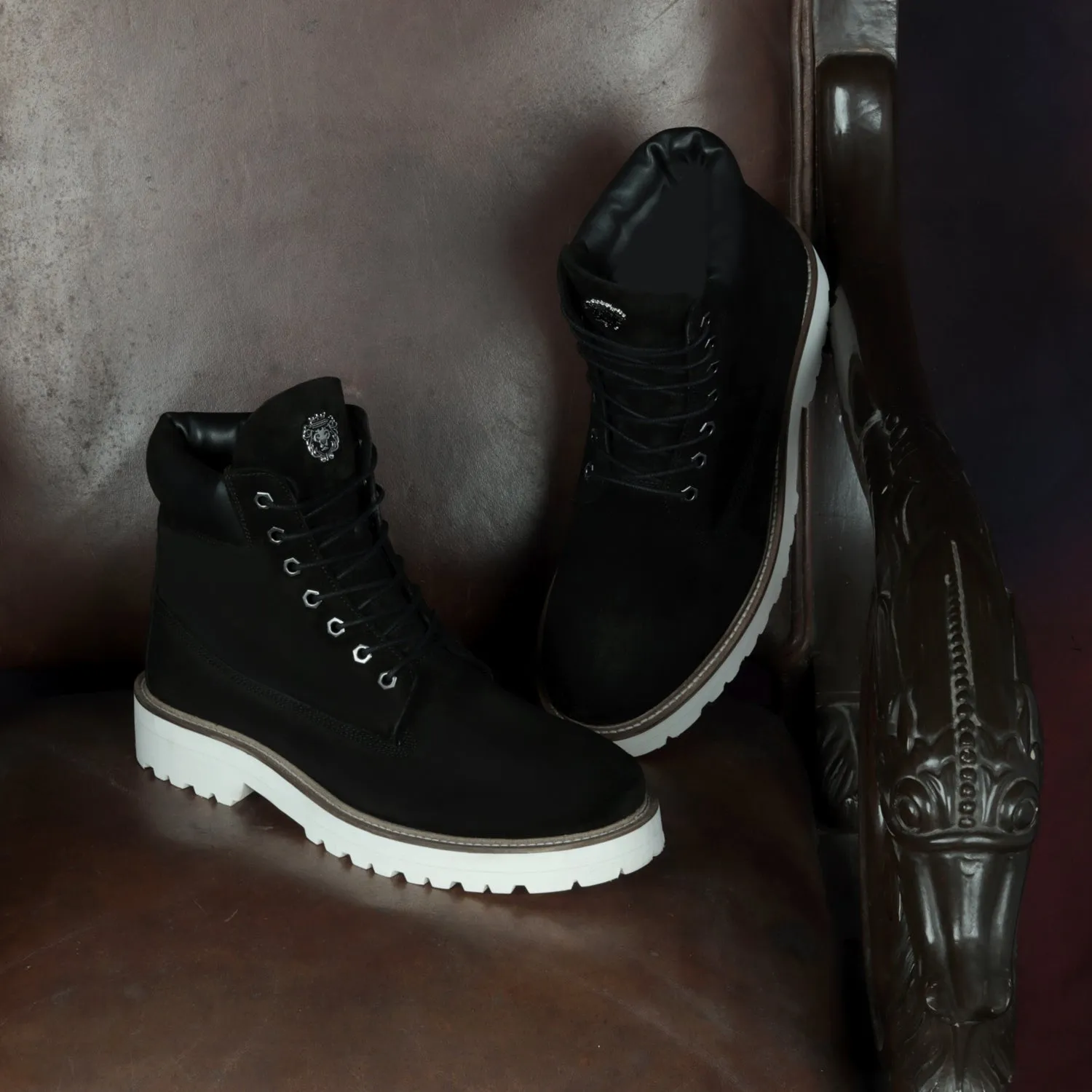 Light Weight Chunky Boot in Black Suede Leather with Lace-Up Closure White Sole By Brune & Bareskin