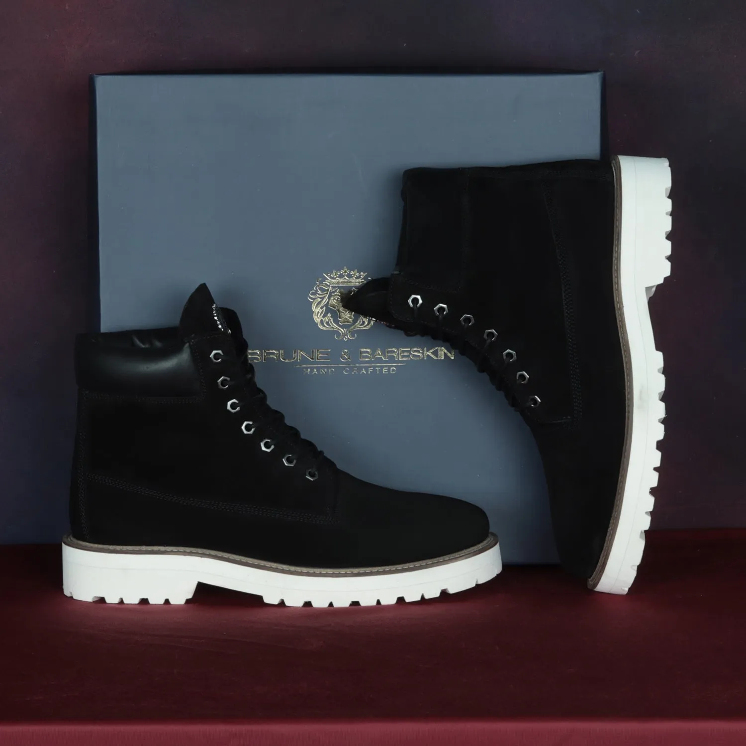 Light Weight Chunky Boot in Black Suede Leather with Lace-Up Closure White Sole By Brune & Bareskin