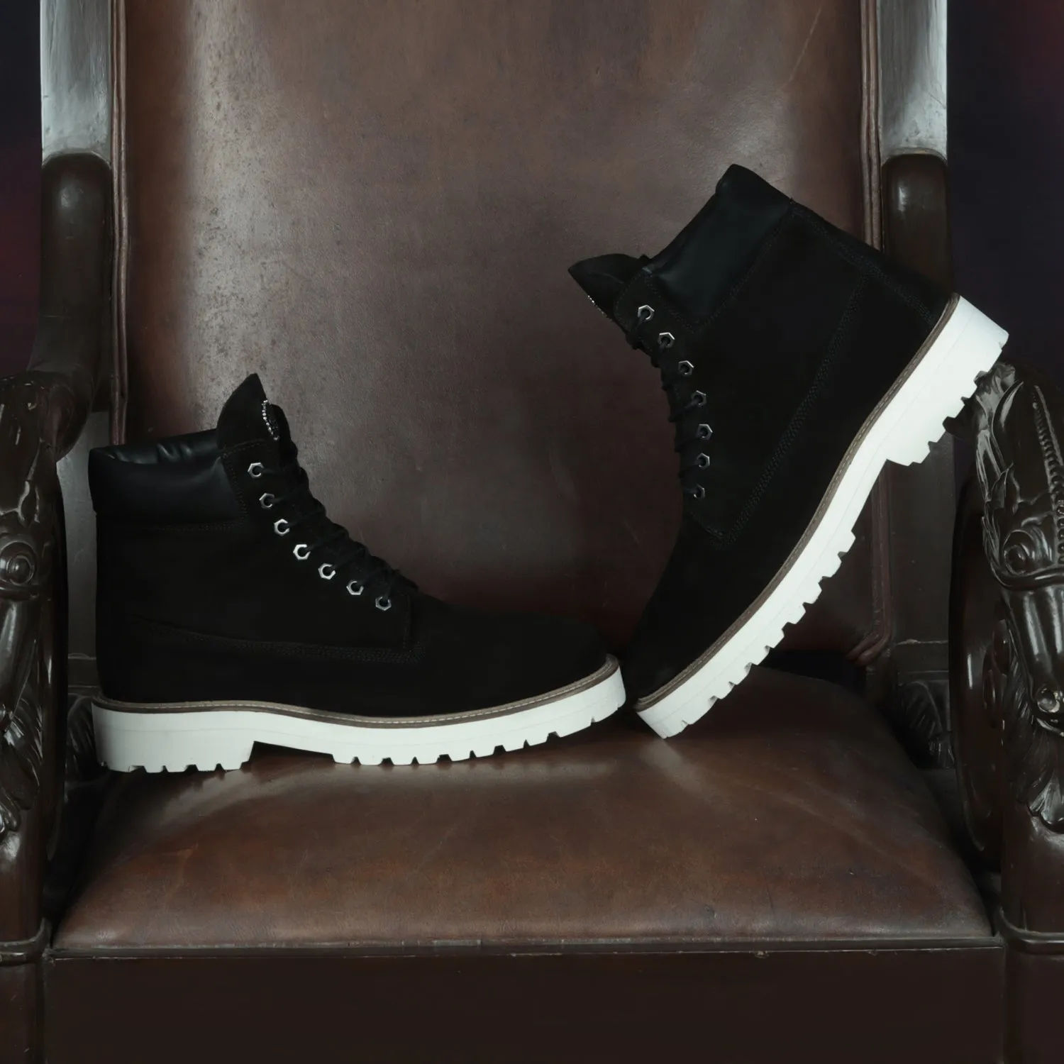 Light Weight Chunky Boot in Black Suede Leather with Lace-Up Closure White Sole By Brune & Bareskin