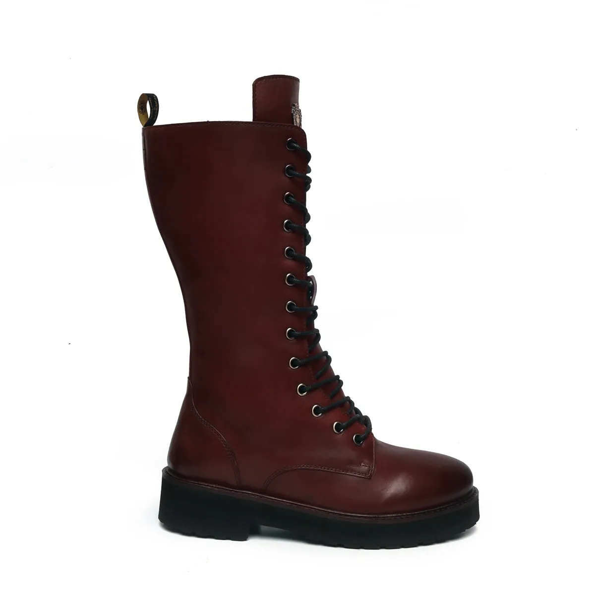 Light Weight Dark Brown Leather Lace-Up Zipper Closure Ladies Long Boot