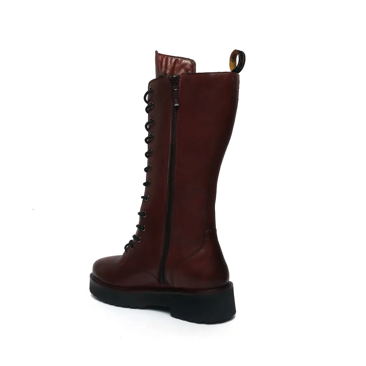 Light Weight Dark Brown Leather Lace-Up Zipper Closure Ladies Long Boot