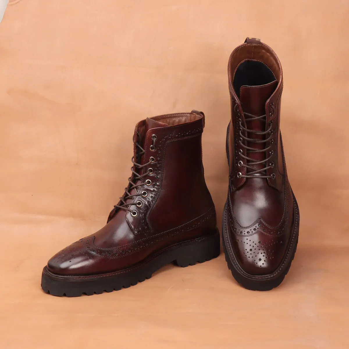 Light Weight Lug Sole Lace-Ups Boot Dark Brown Wingtip Full Punching Brogue Design by Brune & Bareskin