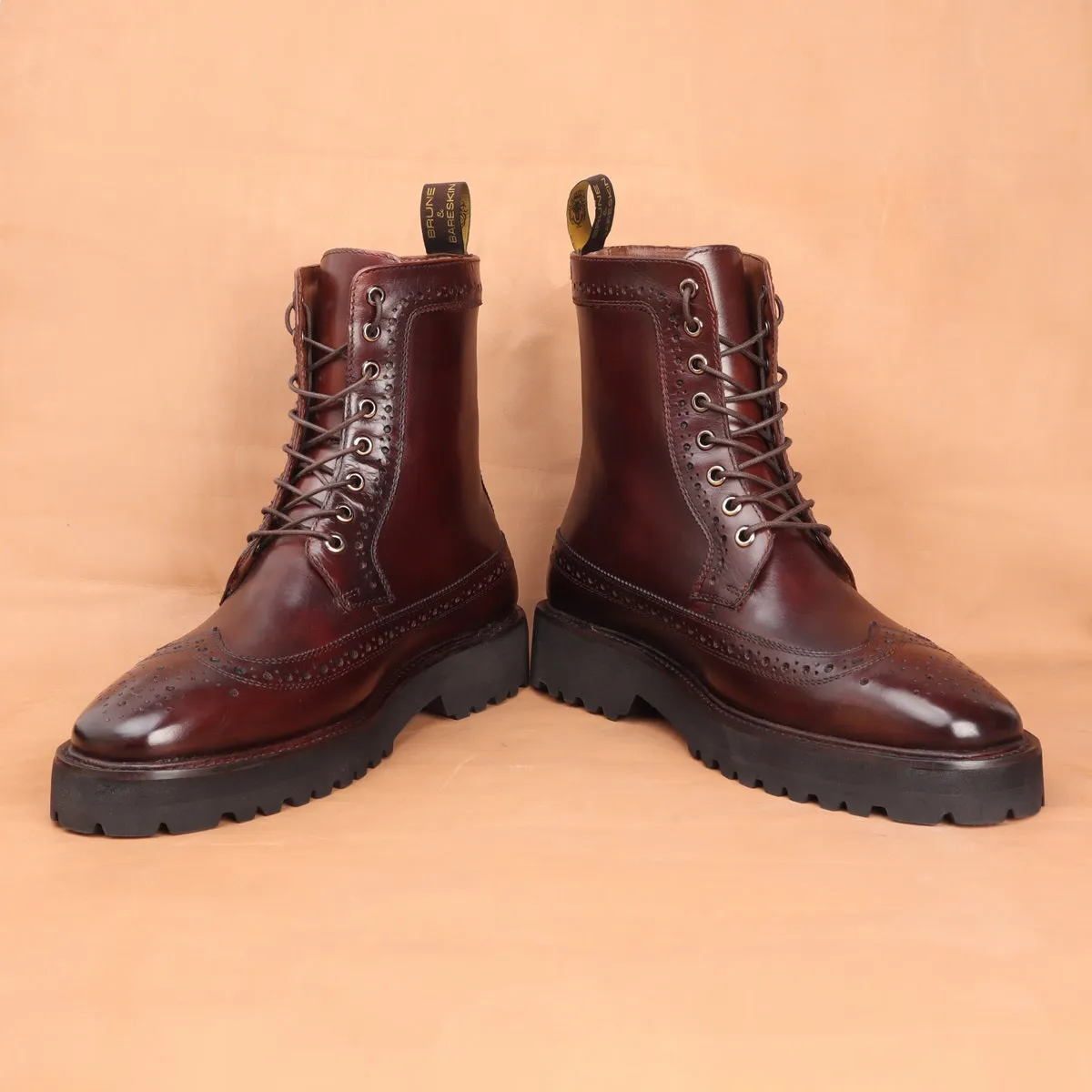 Light Weight Lug Sole Lace-Ups Boot Dark Brown Wingtip Full Punching Brogue Design by Brune & Bareskin