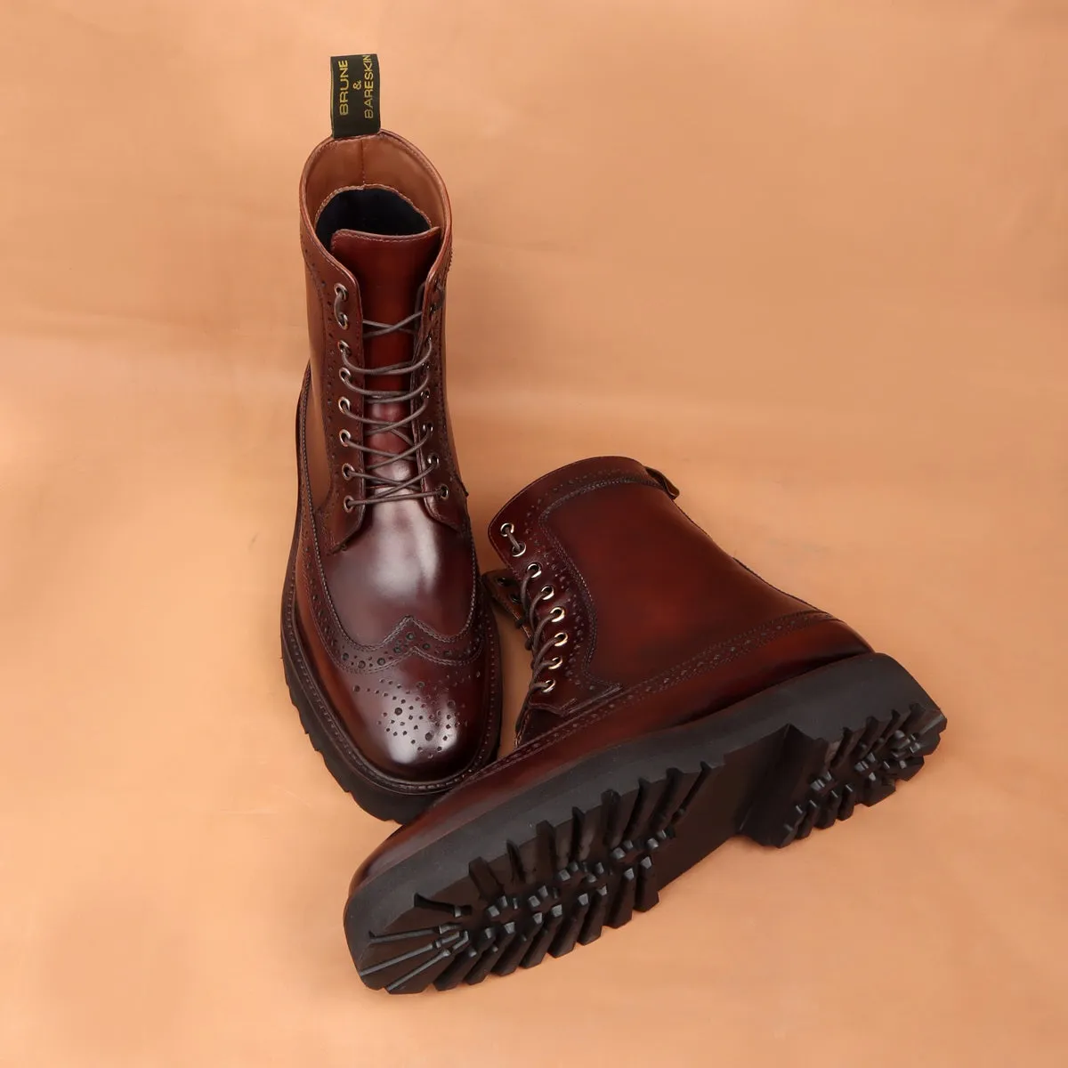 Light Weight Lug Sole Lace-Ups Boot Dark Brown Wingtip Full Punching Brogue Design by Brune & Bareskin