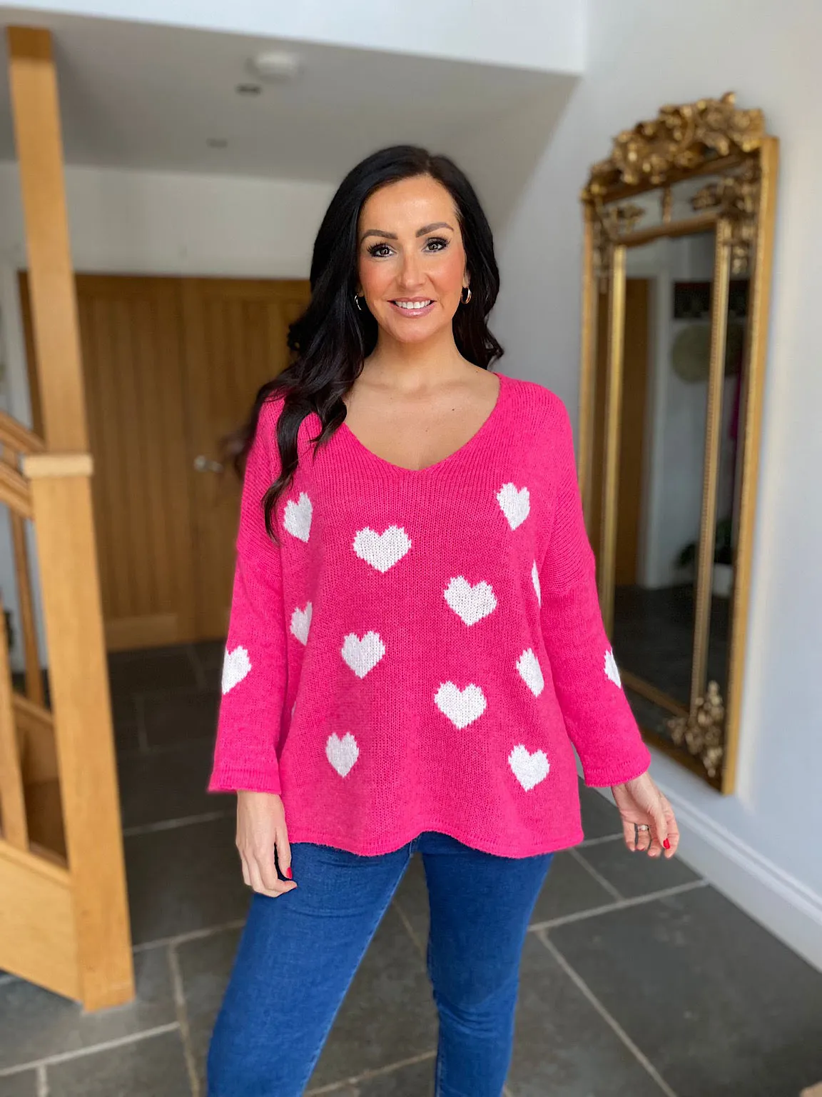 Lipstick Pink V Neck Multi Heart Knit Kerry