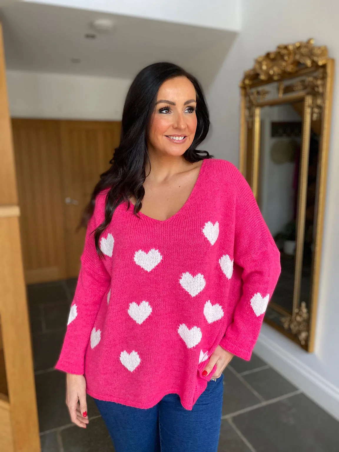 Lipstick Pink V Neck Multi Heart Knit Kerry