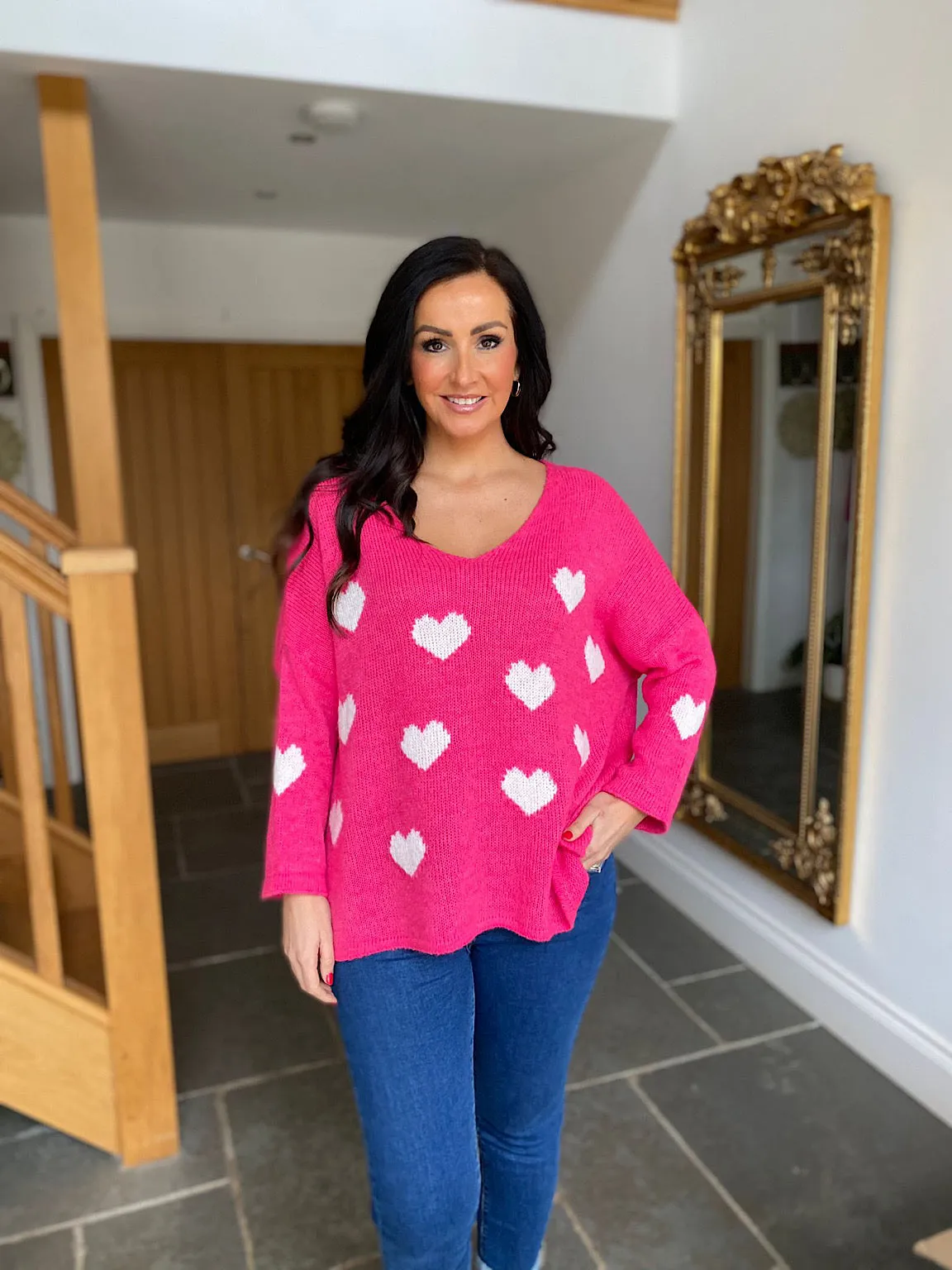 Lipstick Pink V Neck Multi Heart Knit Kerry