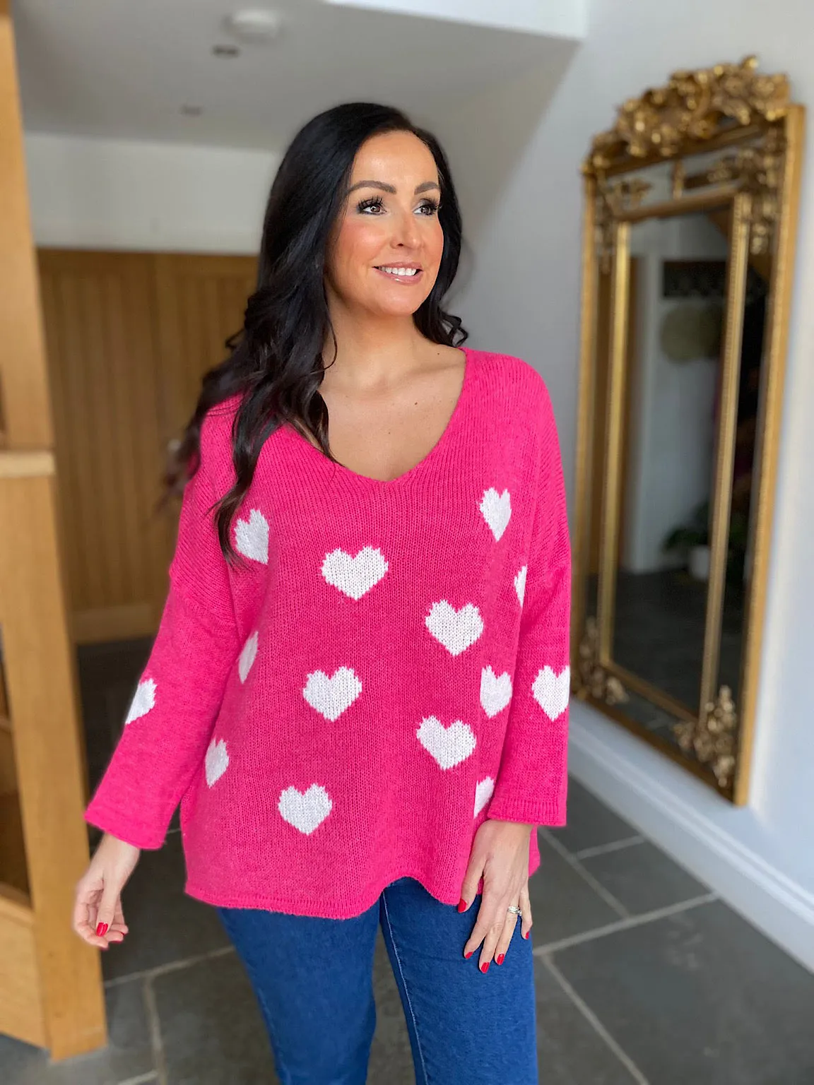 Lipstick Pink V Neck Multi Heart Knit Kerry