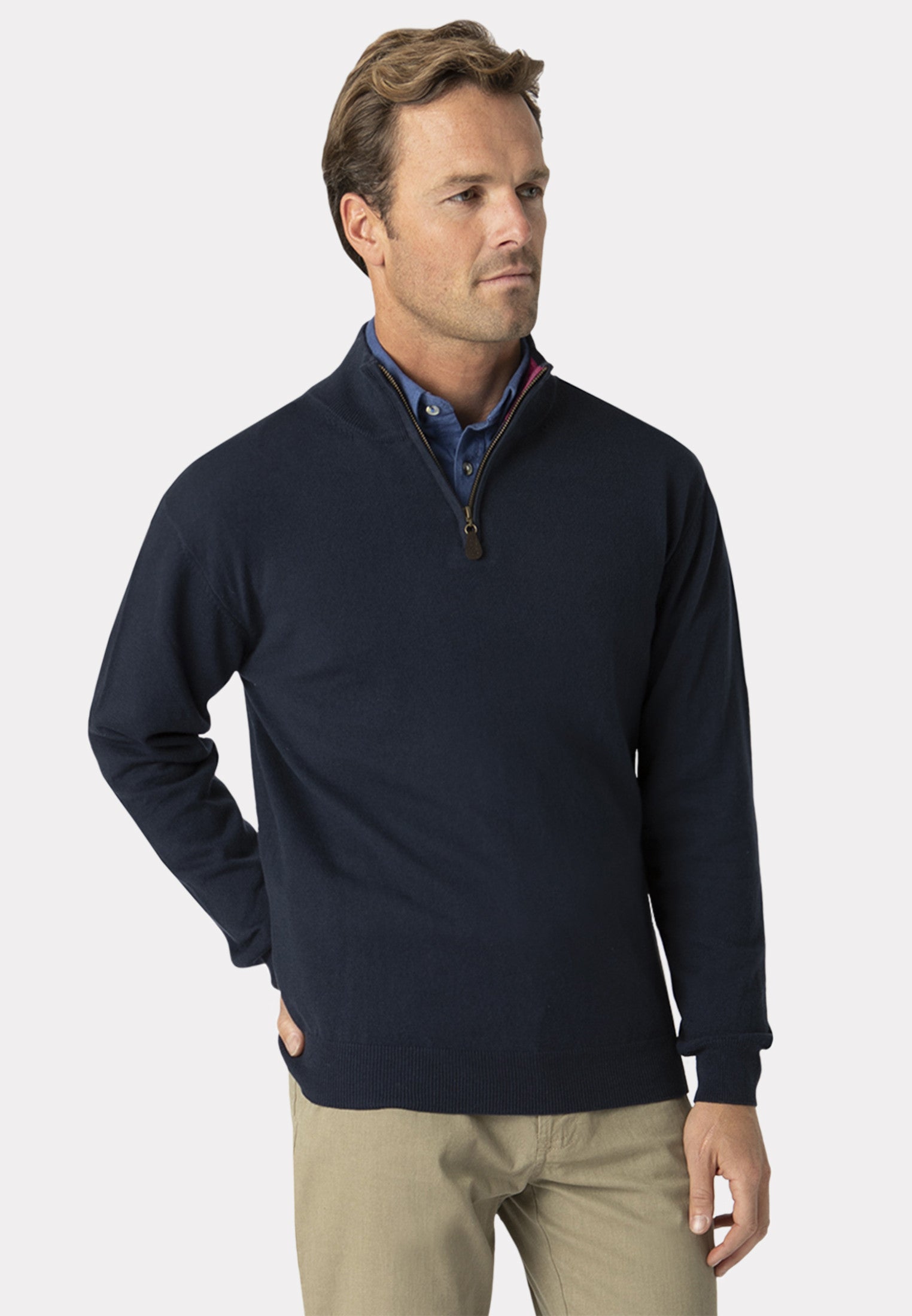 Luxury Cotton Merino Zip Neck Jumper - Navy