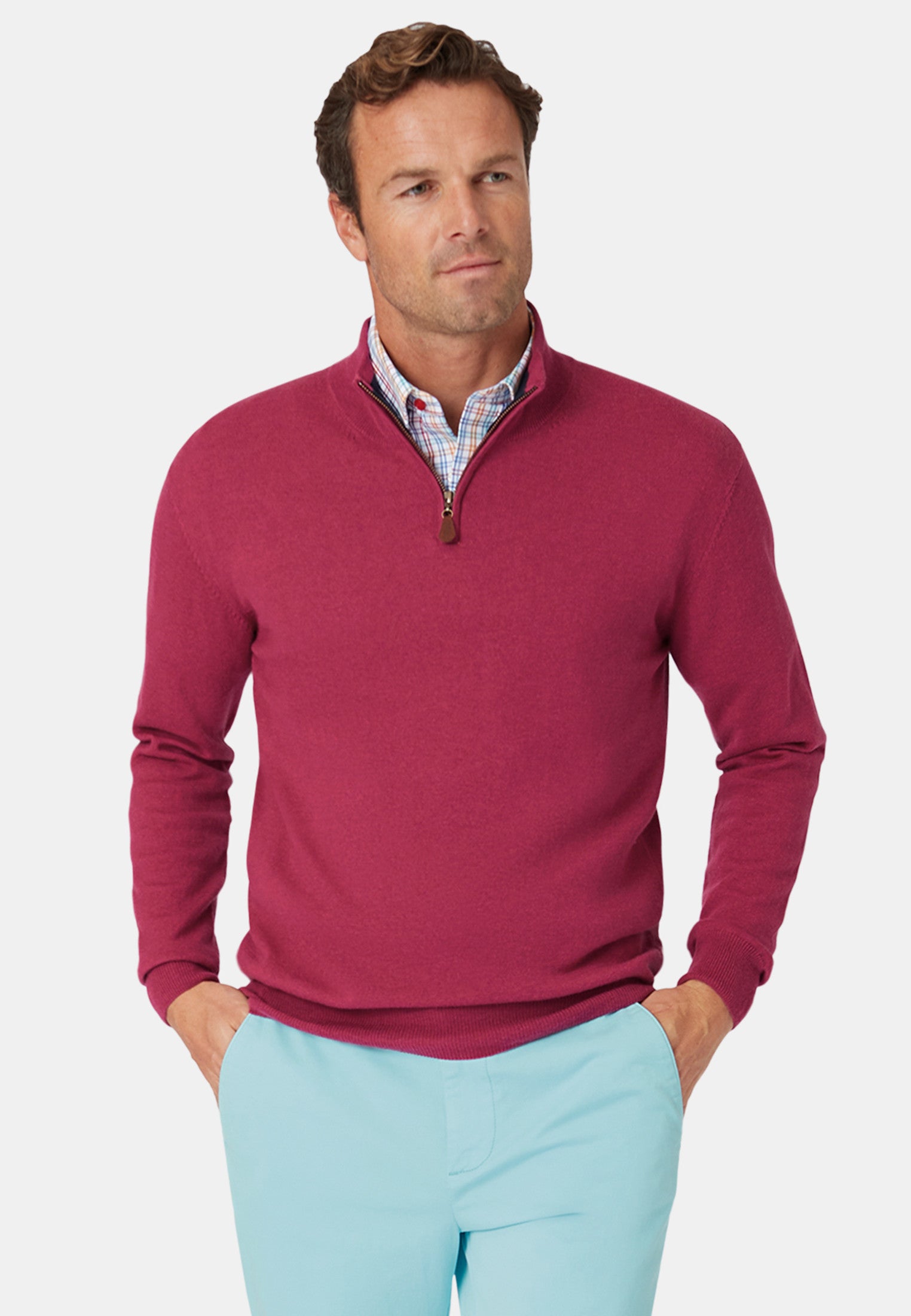 Luxury Cotton Merino Zip Neck Jumper - Raspberry