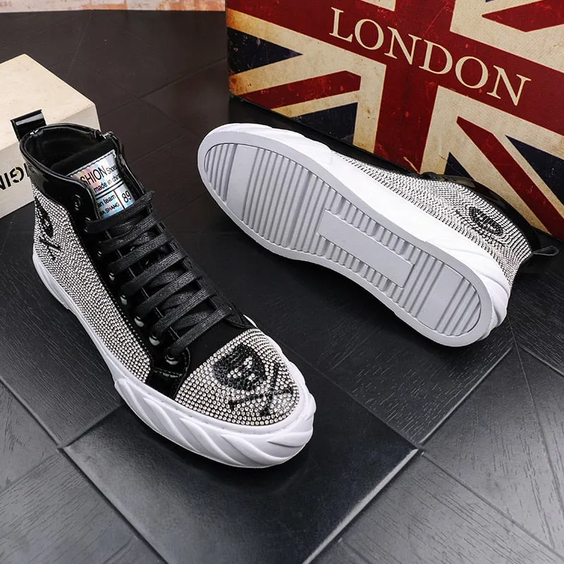 Men's Casual Solid Breathable Lace Up Skull Printed Hi Top Shoes