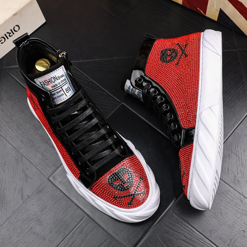 Men's Casual Solid Breathable Lace Up Skull Printed Hi Top Shoes