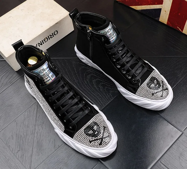 Men's Casual Solid Breathable Lace Up Skull Printed Hi Top Shoes