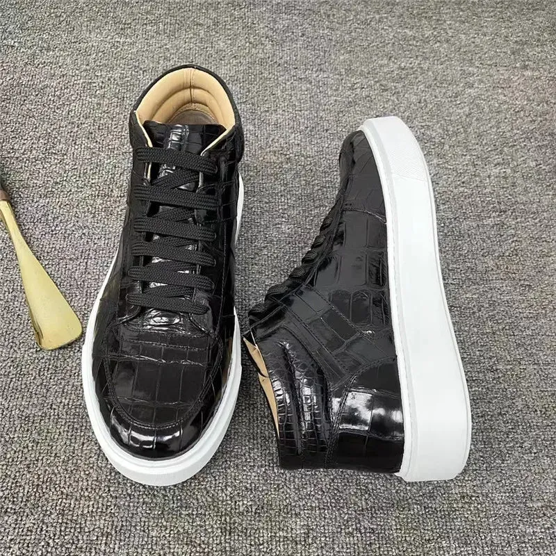 Men's Winter Casual Genuine Alligator Leather Lace-up High-top Shoes