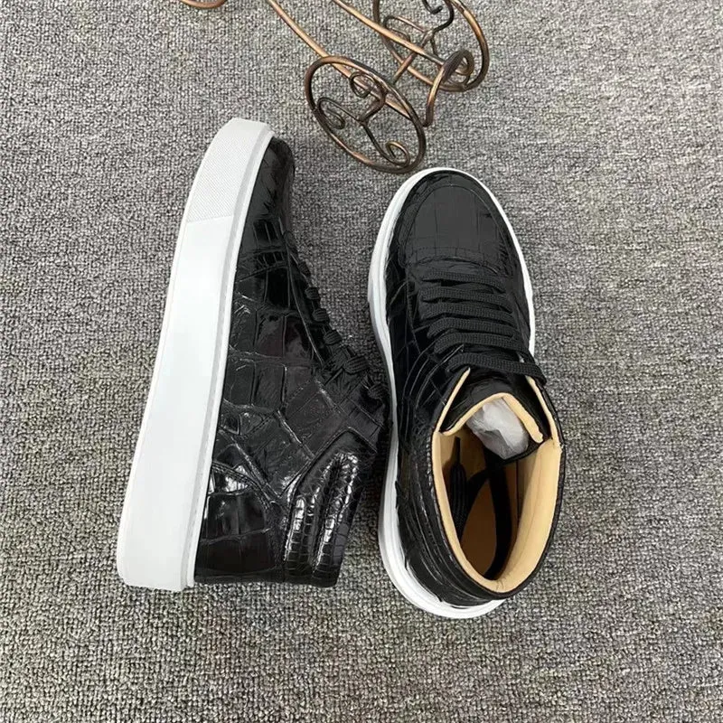 Men's Winter Casual Genuine Alligator Leather Lace-up High-top Shoes