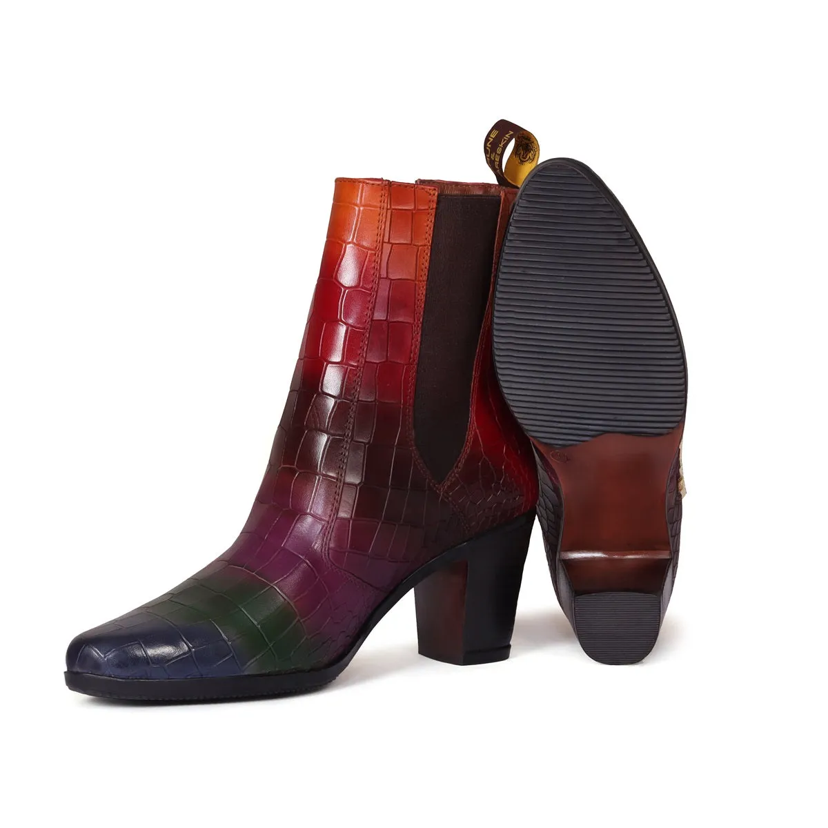 Multi Colored Ladies Boot With Zip Closure in Deep Cut Croco Textured Leather by Brune & Bareskin