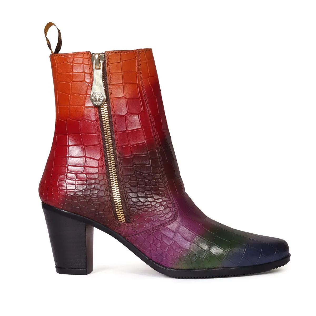 Multi Colored Ladies Boot With Zip Closure in Deep Cut Croco Textured Leather by Brune & Bareskin