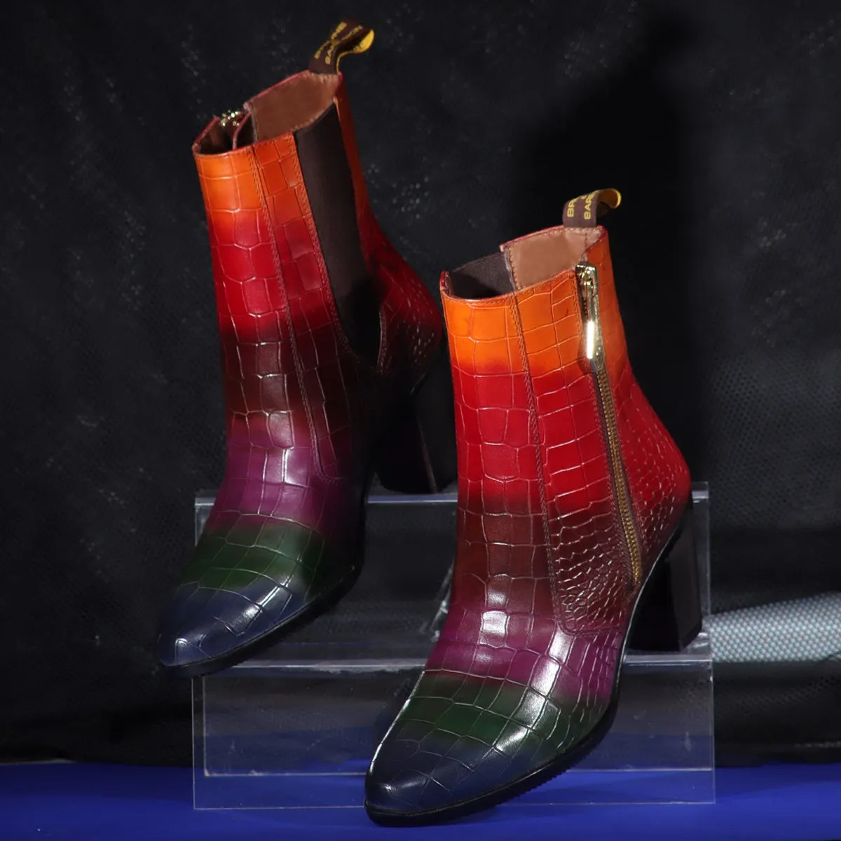 Multi Colored Ladies Boot With Zip Closure in Deep Cut Croco Textured Leather by Brune & Bareskin