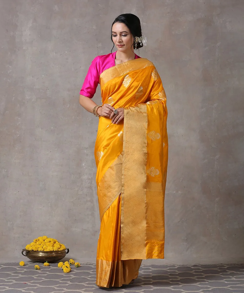 Mustard Handloom Pure Katan Silk Banarasi Saree with Kadhwa Boota and Plain Golden Border