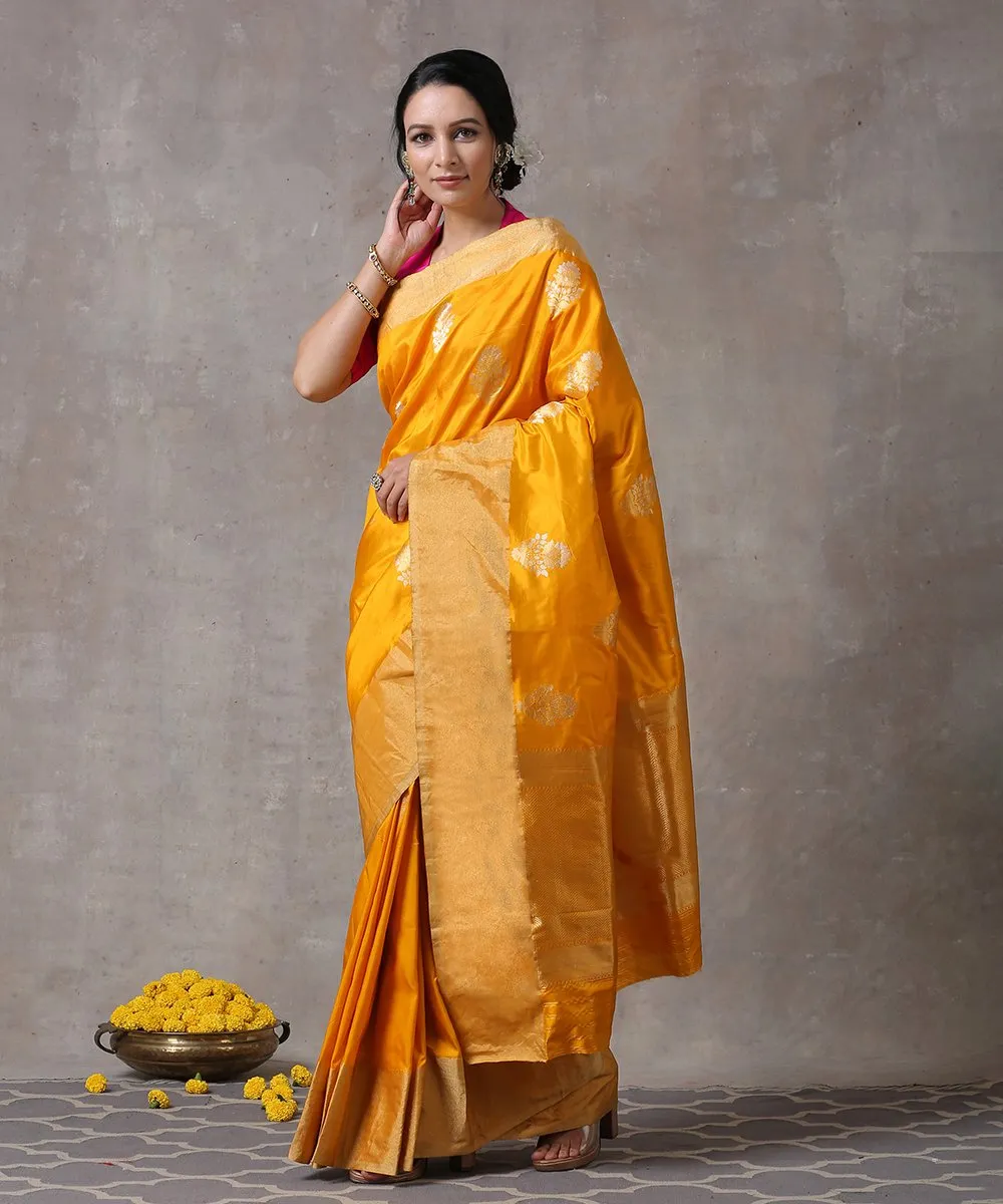 Mustard Handloom Pure Katan Silk Banarasi Saree with Kadhwa Boota and Plain Golden Border