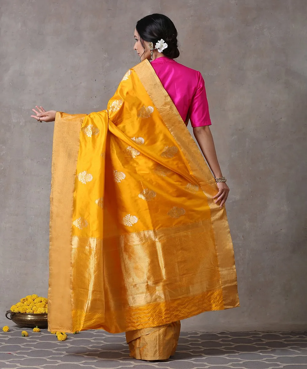 Mustard Handloom Pure Katan Silk Banarasi Saree with Kadhwa Boota and Plain Golden Border