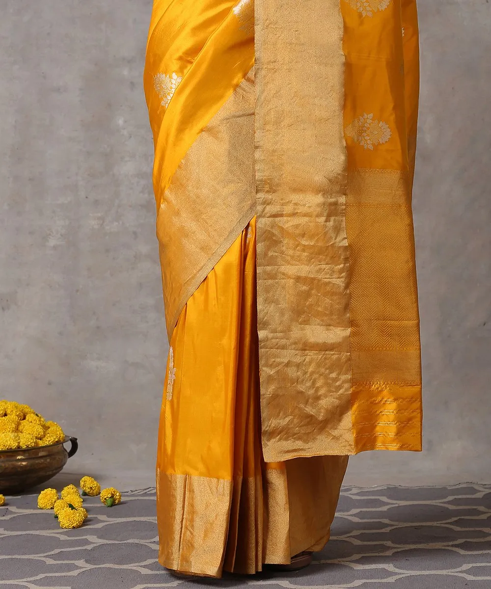 Mustard Handloom Pure Katan Silk Banarasi Saree with Kadhwa Boota and Plain Golden Border