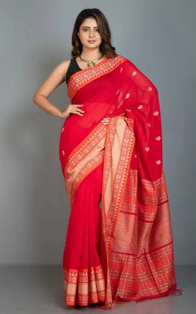 Nakshi Skirt Border Work Soft Cotton Bomkai Saree in Red, Orange and Pale Gold