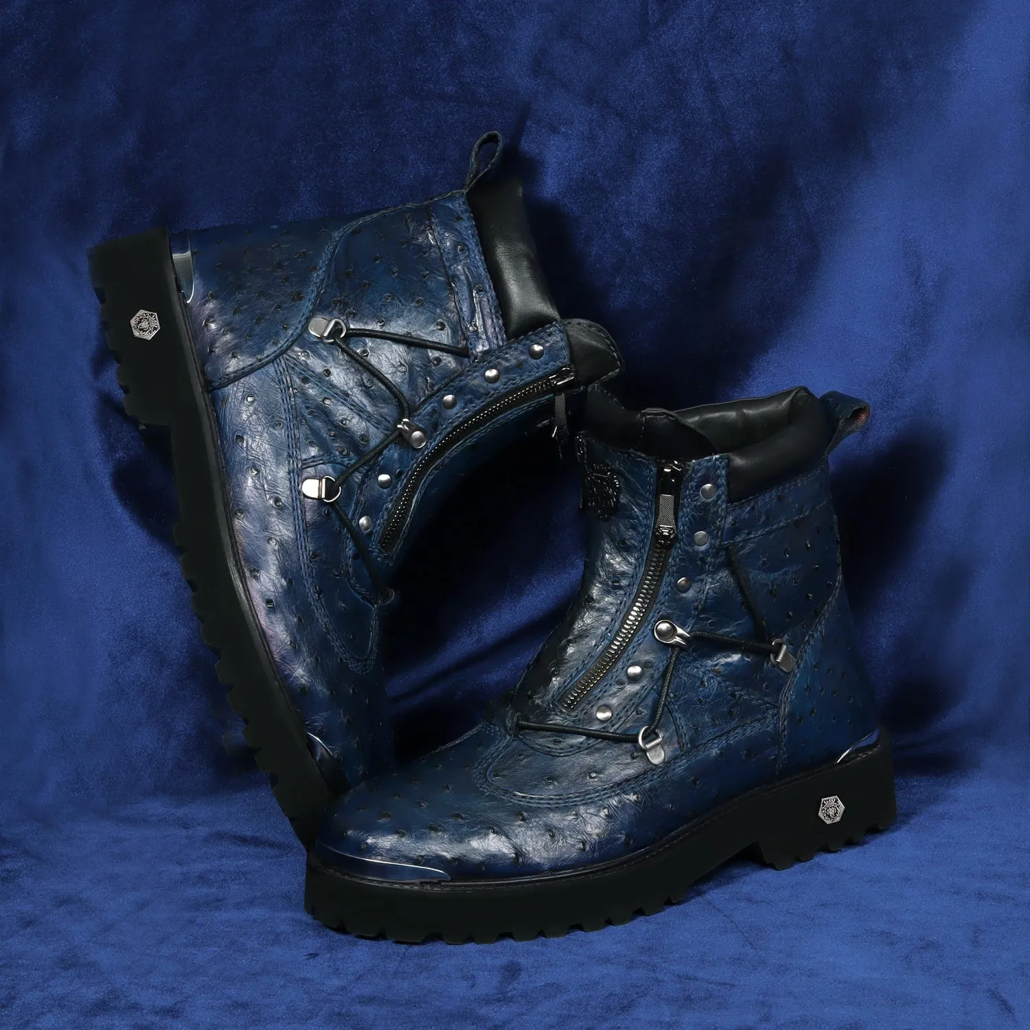 Navy Blue Chunky Boot New Shape Real Ostrich Leather with Metal Plate