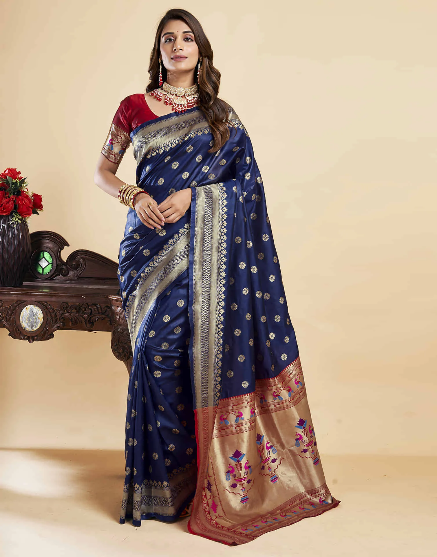 Navy Blue Silk Woven Paithani Saree