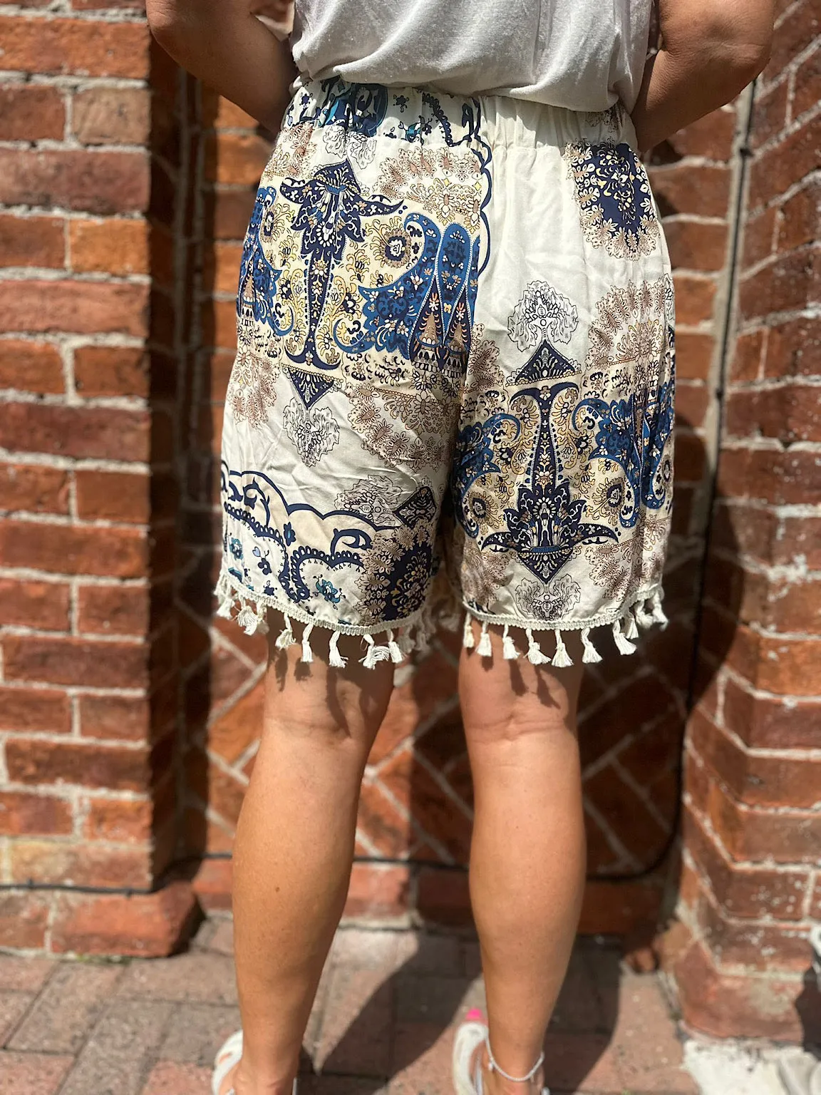 Navy Multi Print Tassel Shorts Lucia