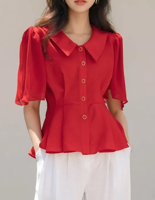 ODE  |Chiffon Plain Short Sleeves Bridal Shirts & Blouses