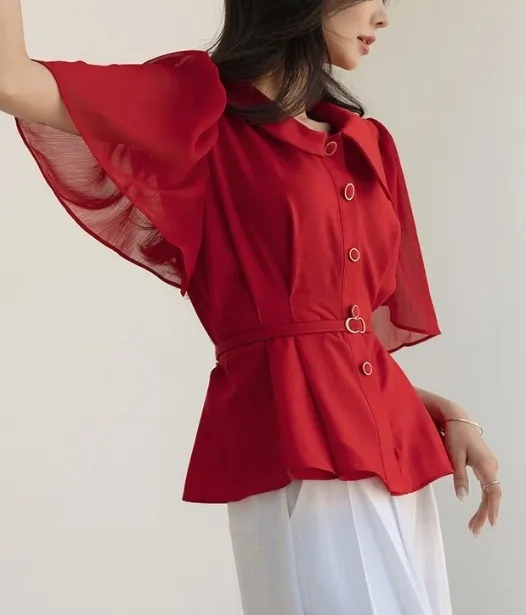 ODE  |Chiffon Plain Short Sleeves Bridal Shirts & Blouses