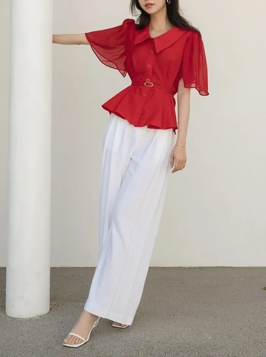 ODE  |Chiffon Plain Short Sleeves Bridal Shirts & Blouses