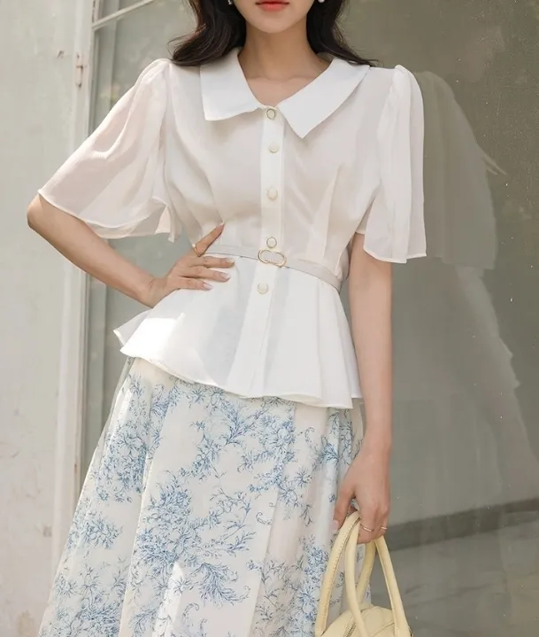 ODE  |Chiffon Plain Short Sleeves Bridal Shirts & Blouses