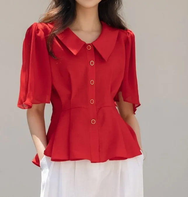 ODE  |Chiffon Plain Short Sleeves Bridal Shirts & Blouses