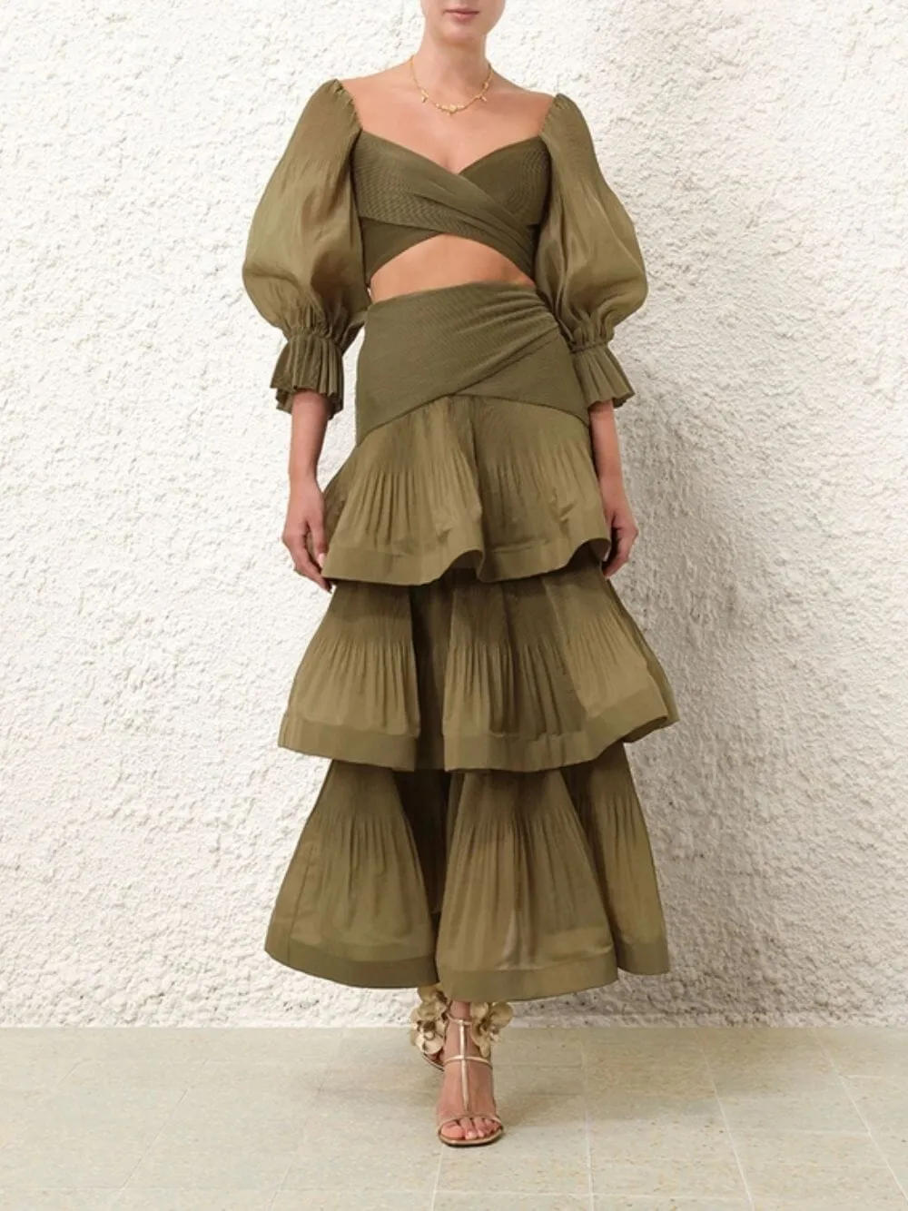 Olive Pleated Tiered Midi Skirt