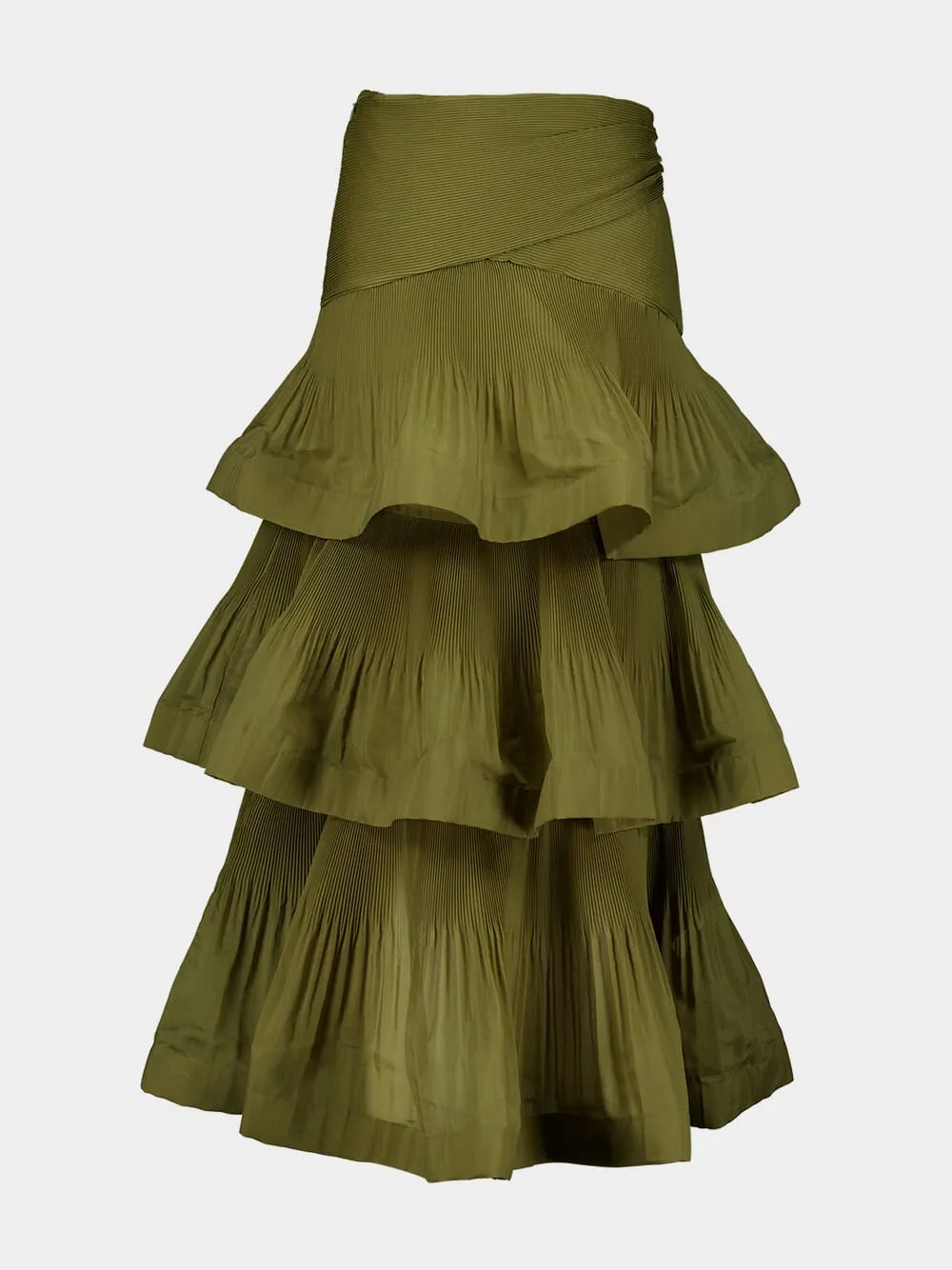 Olive Pleated Tiered Midi Skirt