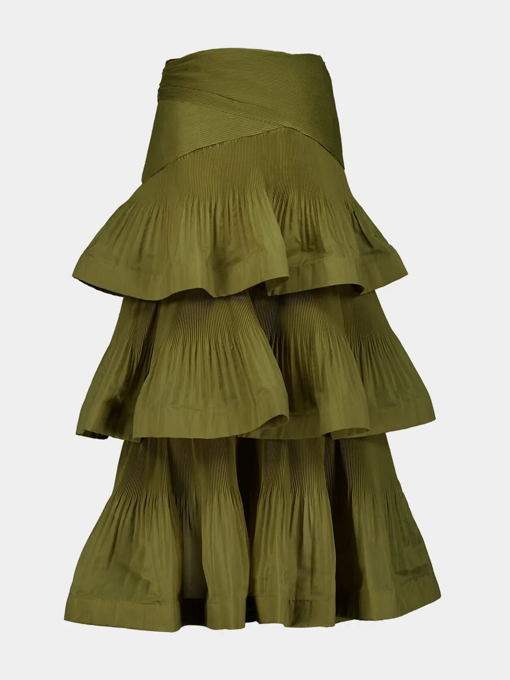 Olive Pleated Tiered Midi Skirt