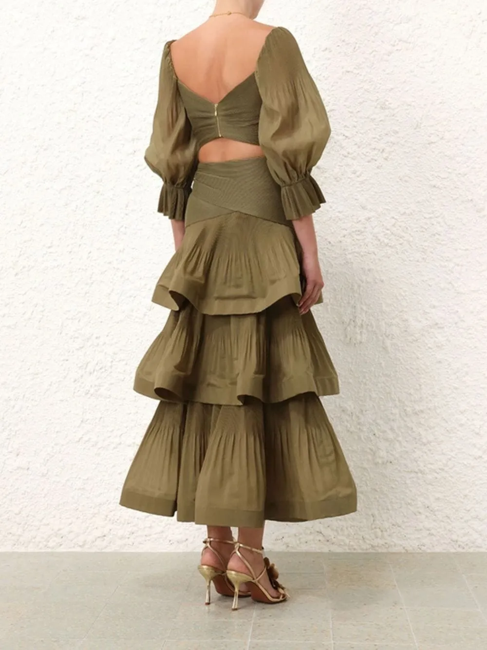 Olive Pleated Tiered Midi Skirt