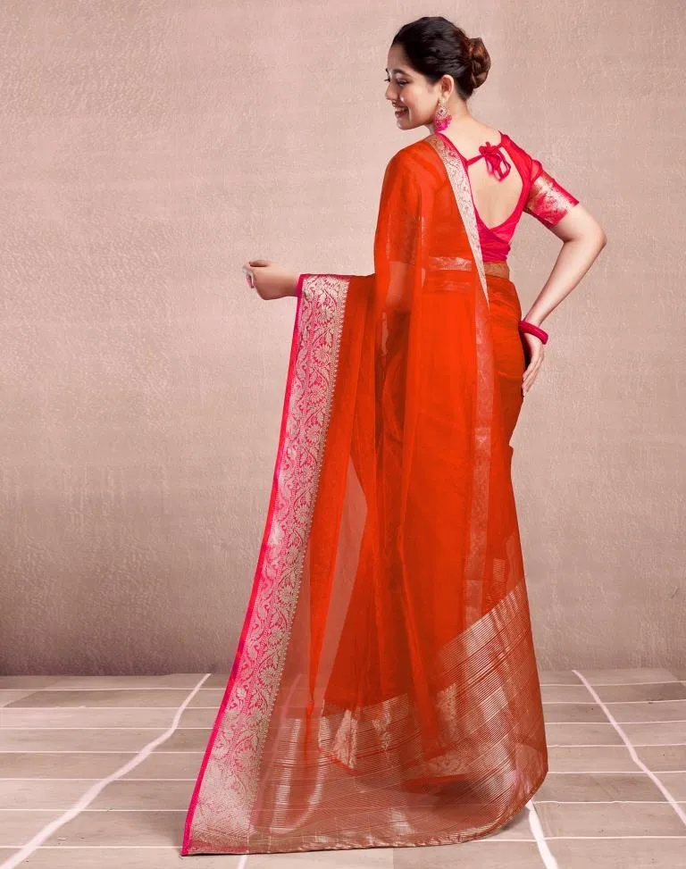 Orange Organza Plain Saree