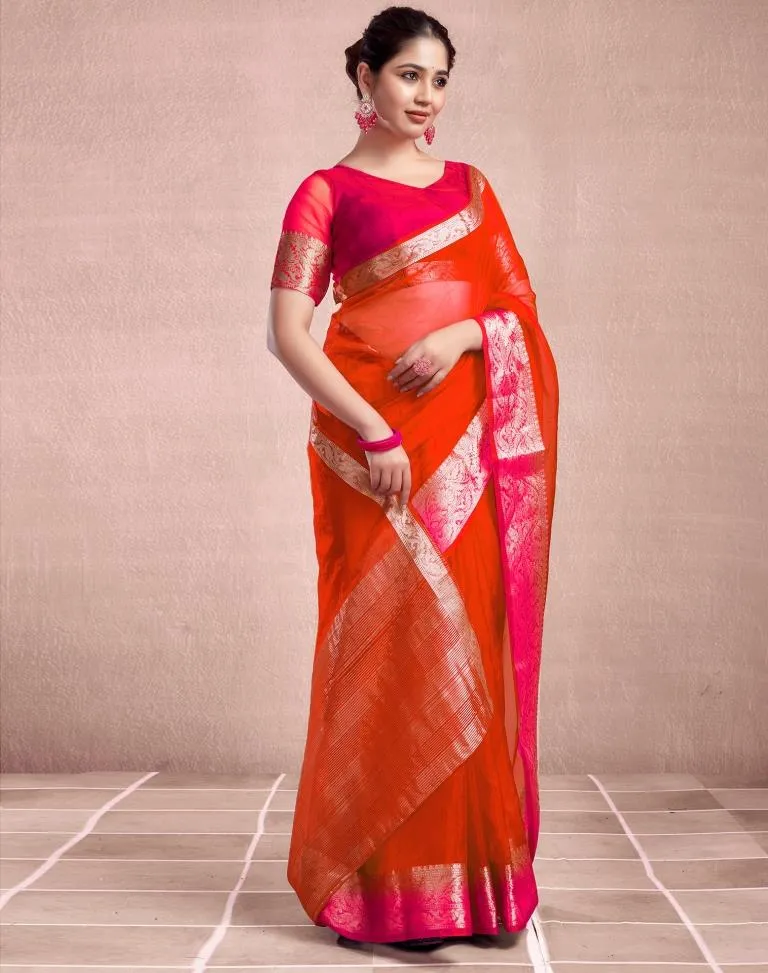 Orange Organza Plain Saree