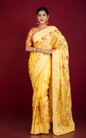 Parsi Cross Stitch Work Designer Italian Crepe Silk Saree in Butter Yellow, Magenta and Multicolored Thread Work