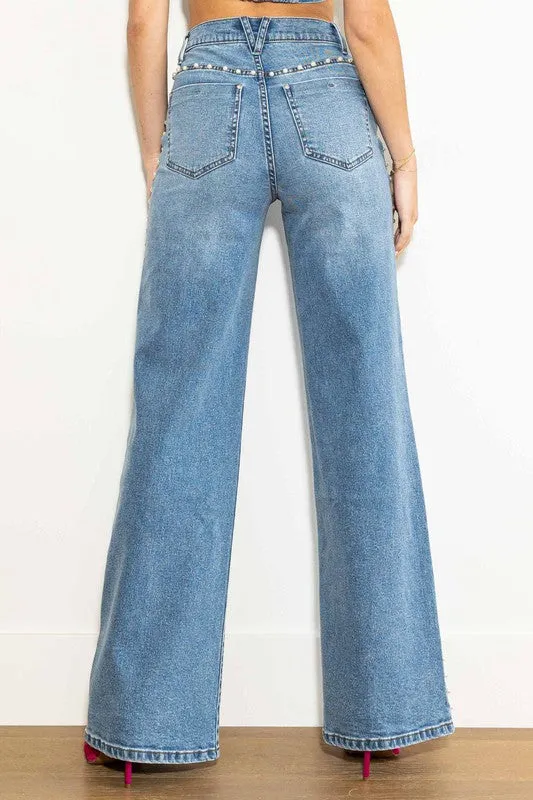 Pearl Stud High Rise Wide Jeans