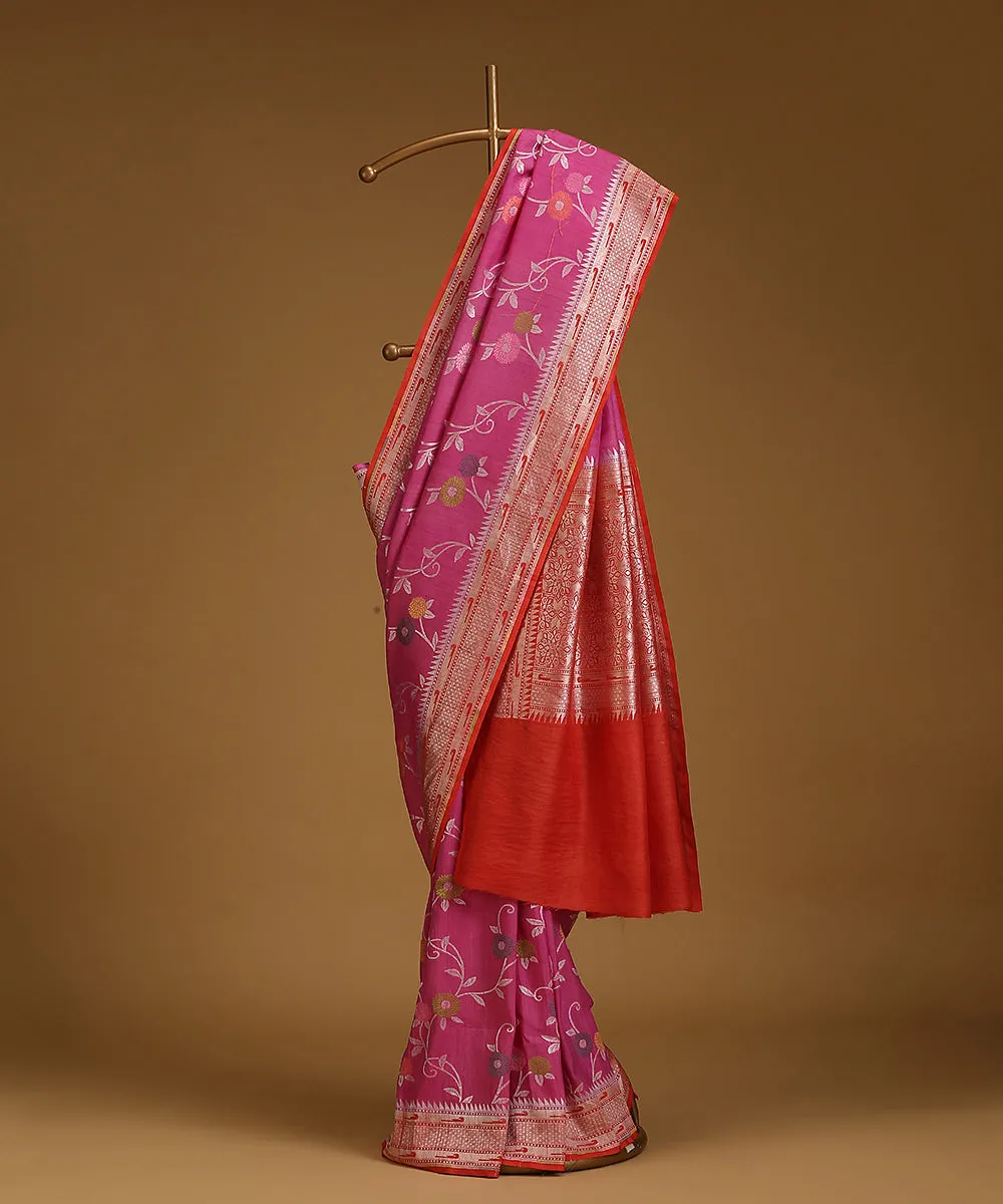 Pink And Red Handloom Pure Tussar Georgette Banarasi Saree With Flower Motifs