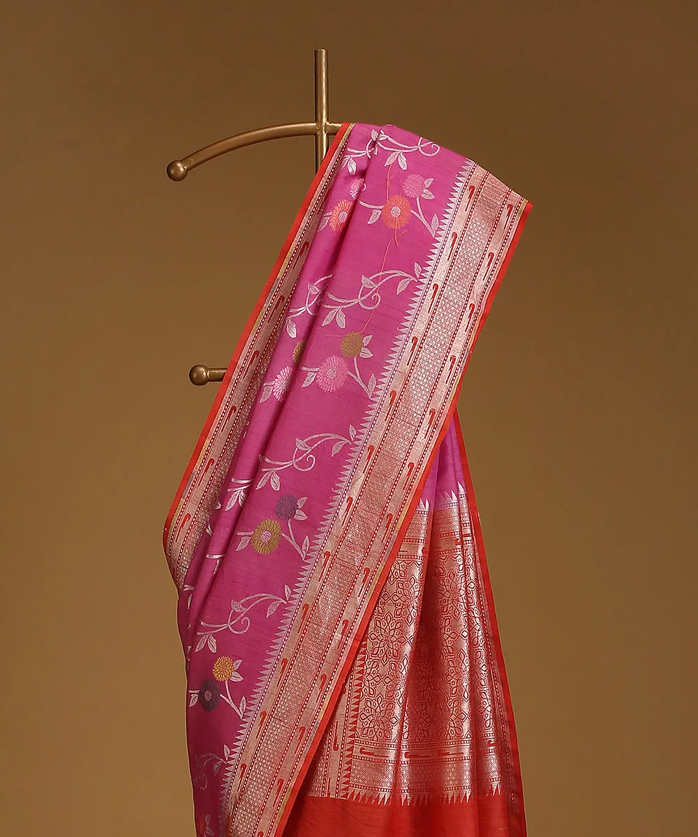 Pink And Red Handloom Pure Tussar Georgette Banarasi Saree With Flower Motifs