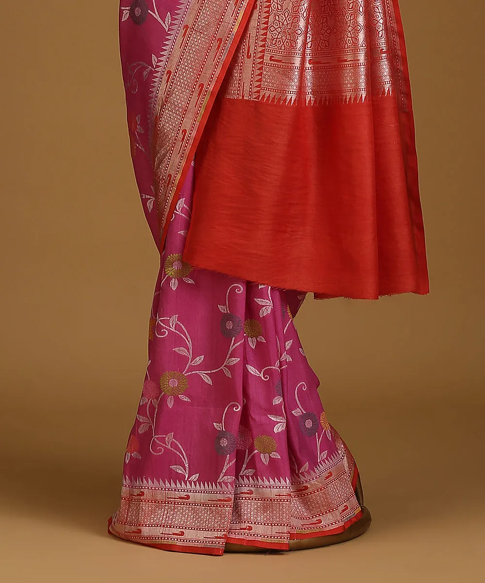 Pink And Red Handloom Pure Tussar Georgette Banarasi Saree With Flower Motifs